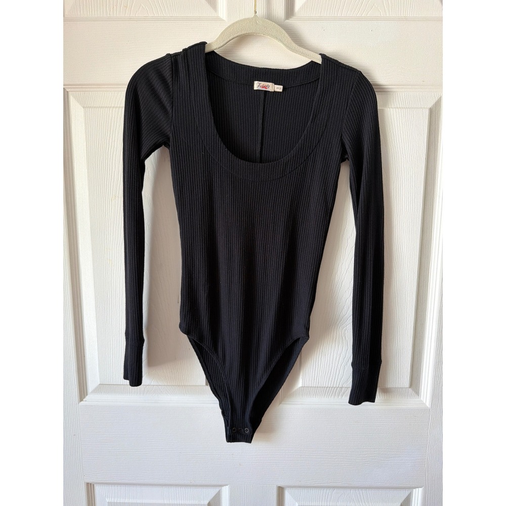 Faherty Bodysuit Women XS Black Ribbed Long Sleeve Scoop Neck Minimalist